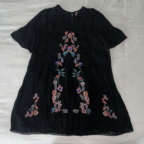 Free People Perfectly Victorian Mini Dress Floral Embroidered Black Size Large - Picture 2 of 13